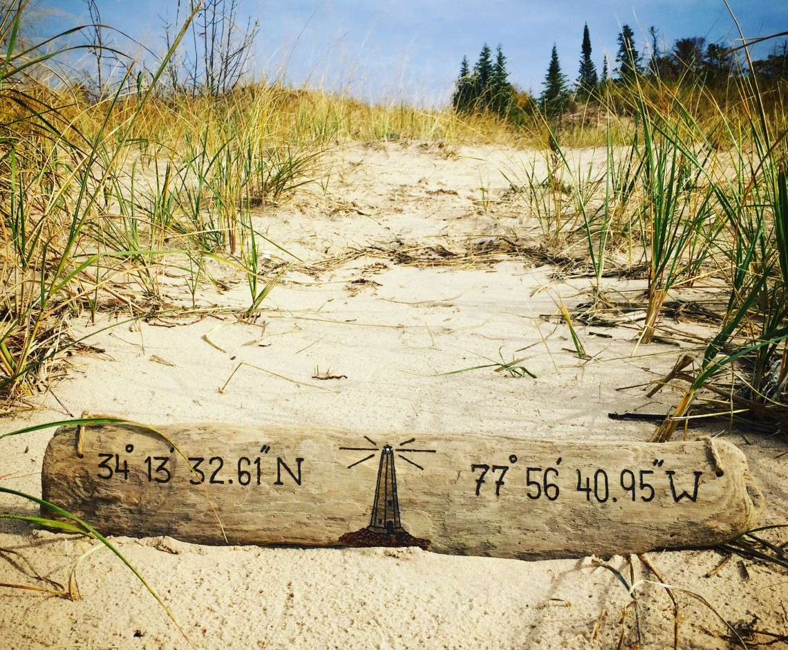 Lighthouse with GPS Coordinates Driftwood Sign