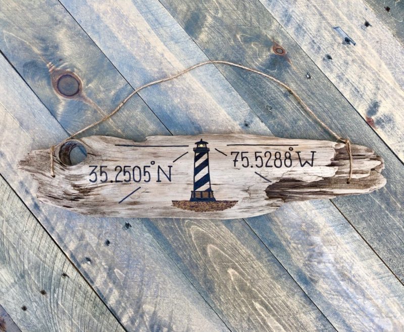 Lighthouse Driftwood Sign with Custom Coordinates