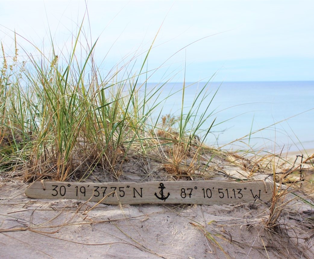 Anchor Driftwood Sign with GPS Coordinates