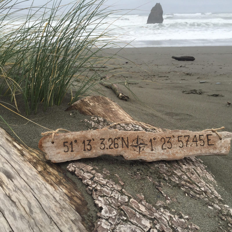 GPS Coordinate Driftwood Beach Sign